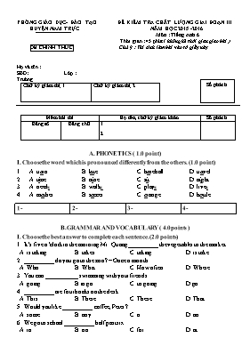 Đề và đáp án kiểm tra chất lượng Tiếng anh lớp 6 - Năm học 2015-2016 - Phòng GD & ĐT Nam Trực